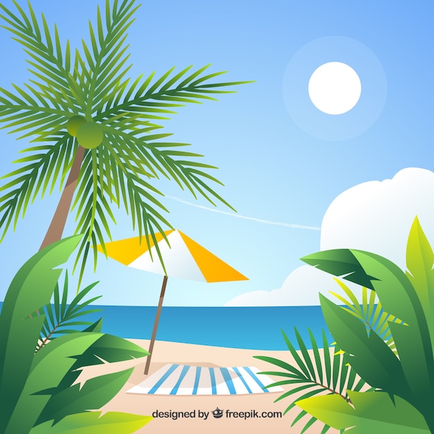 Vetor grátis praia tropical paradisíaca com design plano