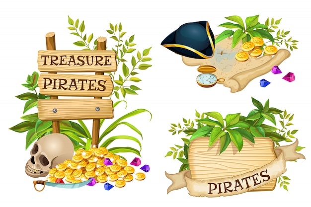 Pranchas de madeira, itens de piratas e tesouros
