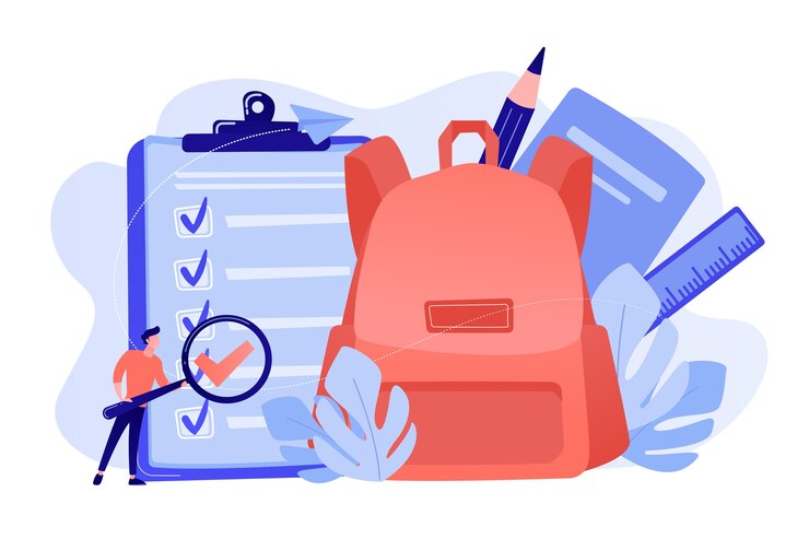 Vetor grátis prancheta com lista de tarefas, mochila escolar grande, régua e aluno com lupa. lista de verificação de volta às aulas, lista de artigos de papelaria, conceito de planejador escolar