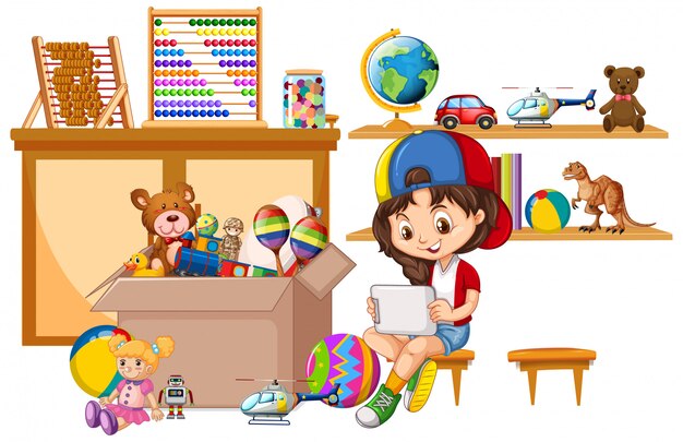 Prateleira e caixa cheia de brinquedos em branco