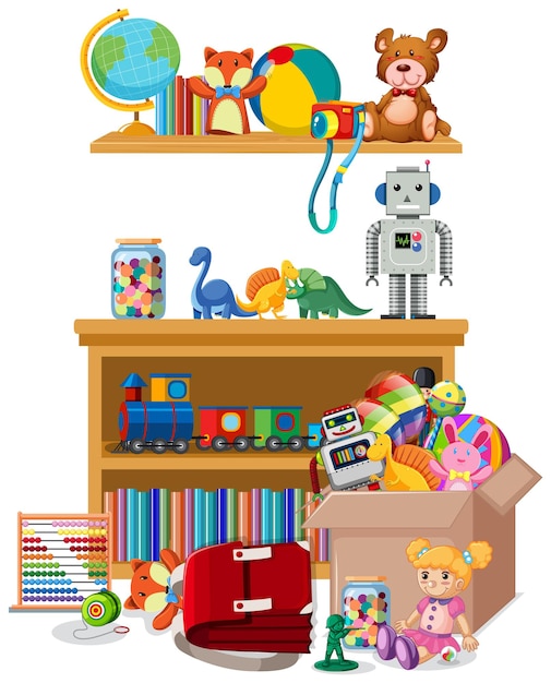 Prateleira e caixa cheia de brinquedos em fundo branco