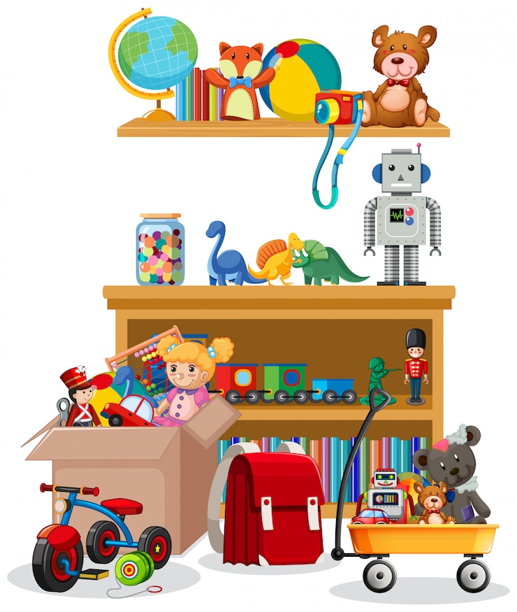 Vetor grátis prateleira e caixa cheia de brinquedos no fundo branco