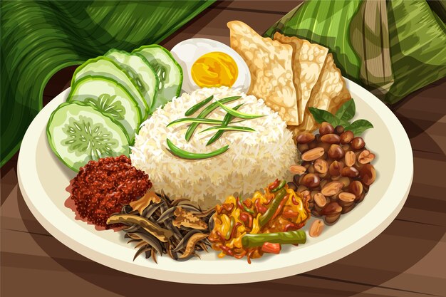 Prato nasi lemak detalhado