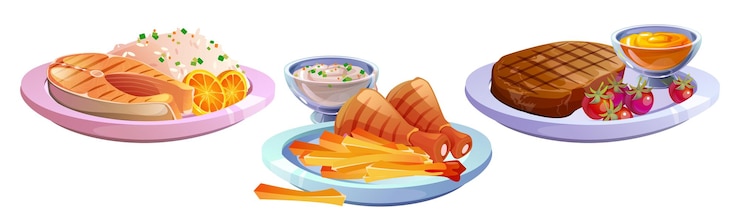 Vetor grátis pratos de carne e peixe isolados em branco