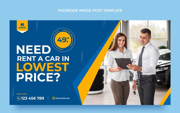Preços baixos de aluguel de carros de design plano no Facebook post