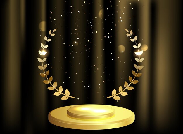 Prêmio de coroa de louros dourado redondo detalhado sobre fundo de cortina de veludo e pódio de palco