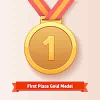 Vetor grátis prêmio do primeiro lugar medalha de ouro com fita vermelha
