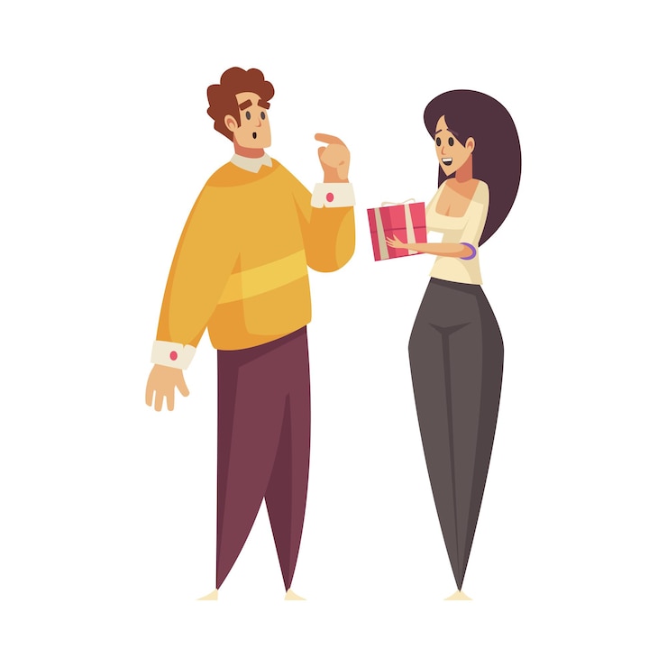 Vetor grátis presente presente dando composição com personagens de desenhos animados de casal amoroso com mulher segurando ilustração vetorial de caixa de presente
