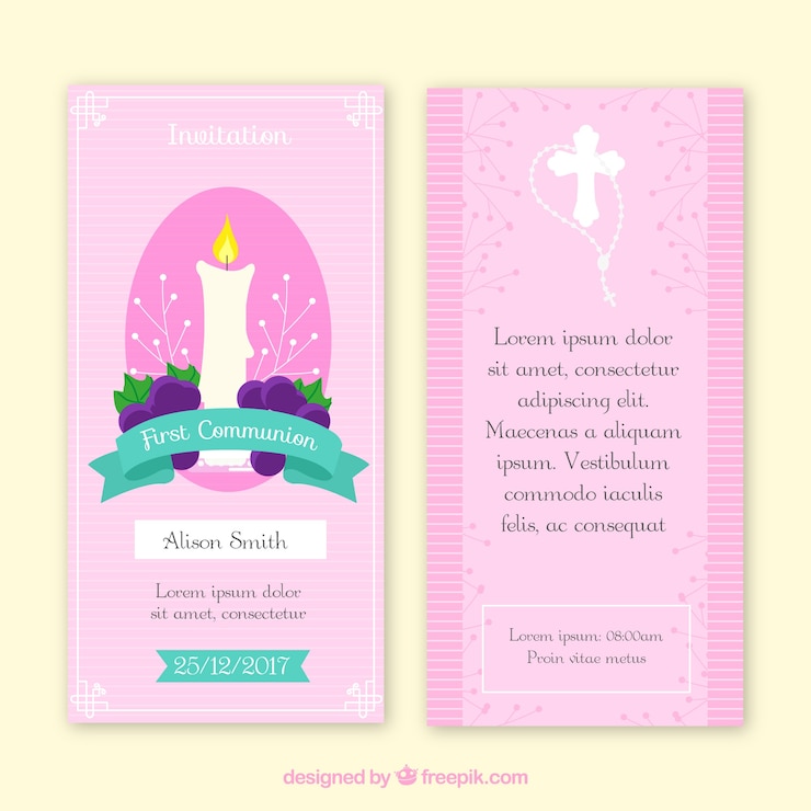 Vetor grátis primeiro comunhão convite com velas e uvas
