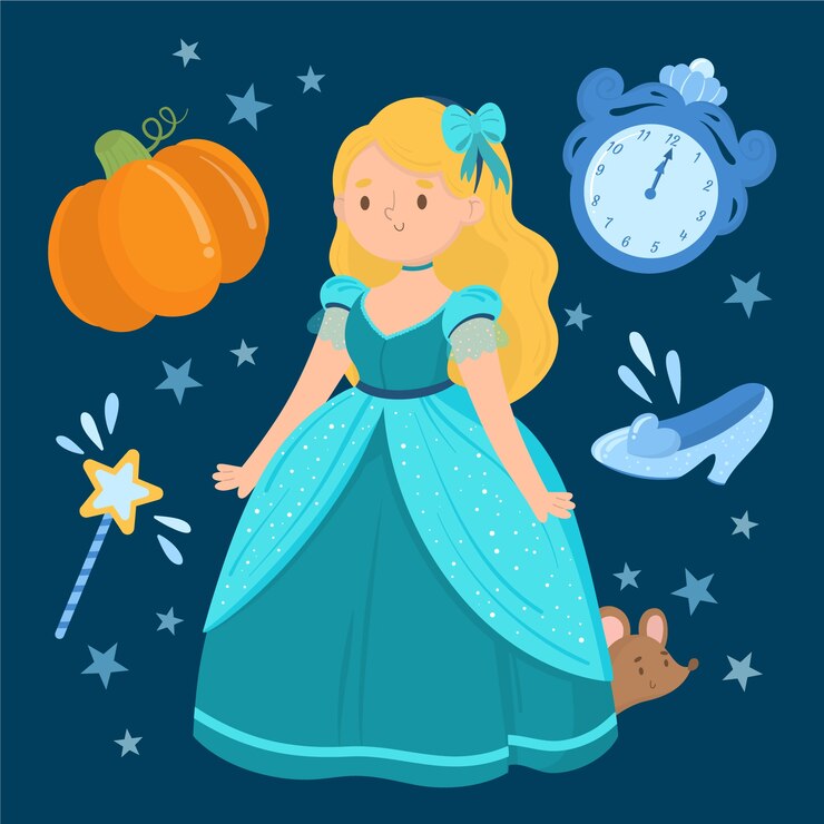 Vetor grátis princesa de cinderela dos desenhos animados com elementos bonitos