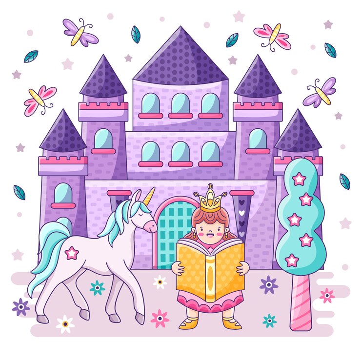Vetor grátis princesa e castelo do conceito de conto de fadas