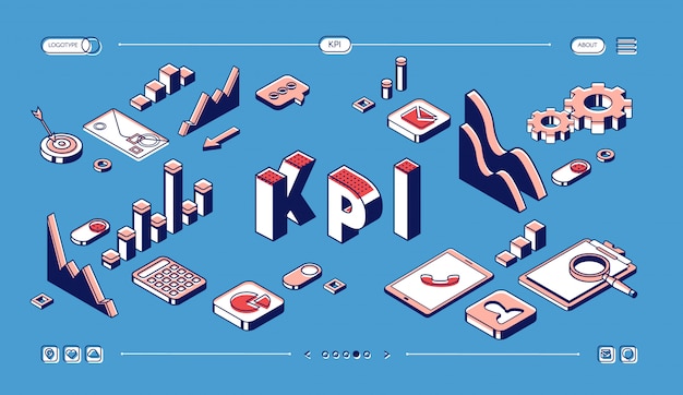 Principais indicadores de desempenho do kpi, página de destino isométrica, estratégia de negócios e análise em meio-tom azul.