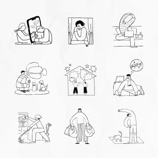 Problemas sociais durante o conjunto de elementos do doodle da crise do coronavírus