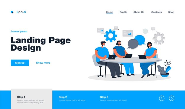 Processo de coworking da equipe de desenho animado. página de destino em estilo simples