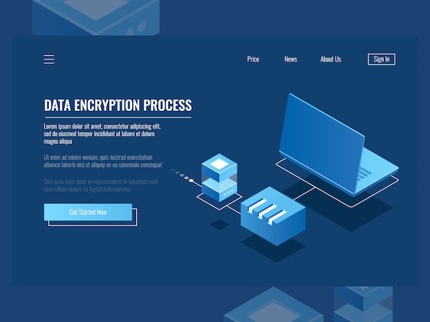 Processo de criptografia de dados, proteção de informações digitais, sala de servidores, armazenamento em nuvem