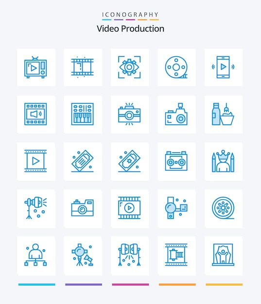 Produção criativa de vídeo 25 Pacote de ícones azuis, como exibição de claquete de ação de cinematografia de claquete