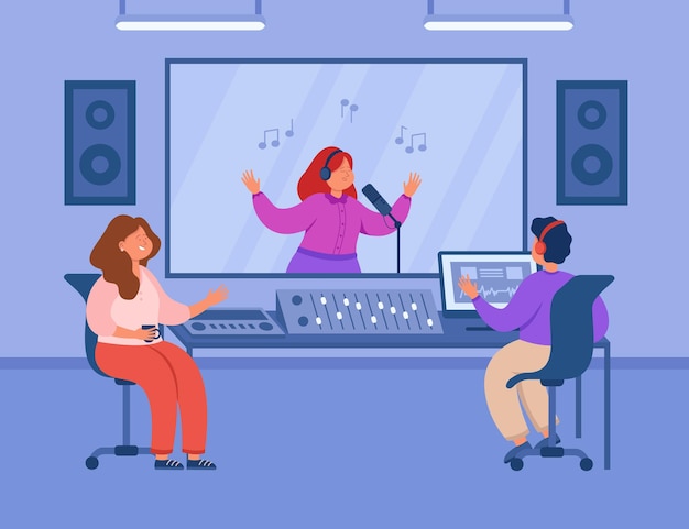 Produtor musical na mesa de mixagem ouvindo a cantora em estúdio. Mulher gravando som na cabine, ilustração em vetor plana de produção de música. Música, conceito de tecnologia para banner ou página de destino