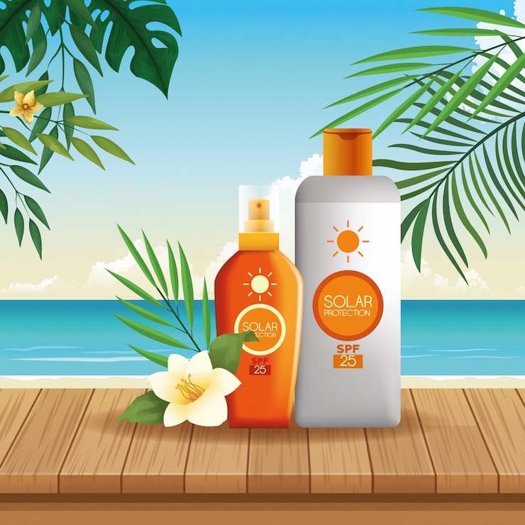 Vetor grátis produtos de garrafas de proteção solar para o verão