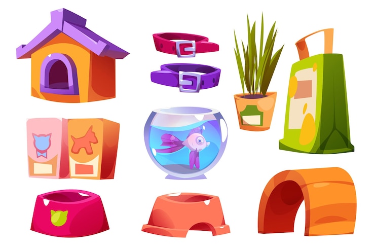 Vetor grátis produtos e acessórios para petshop, peixes em aquário, pacotes de casas para animais de estimação e sacolas de comida e tigelas para alimentação de cães e gatos. coleiras loja de zoológico de desenhos animados com suprimentos e outras coisas para cuidar de animais domésticos