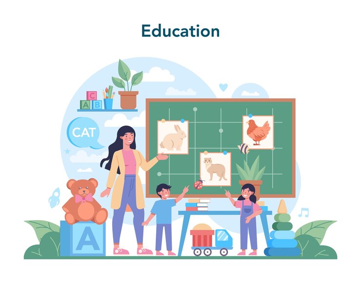 Vetor grátis professor de berçário babá profissional e crianças fazendo diferentes atividades criativas criança bonita brinca com brinquedo jardim de infância em uma creche educação pré-escolar ilustração vetorial
