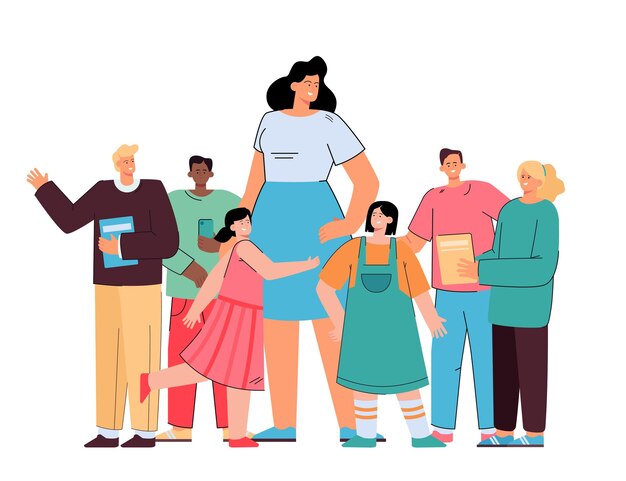 Professor de escola feliz em pé com os alunos ilustração plana