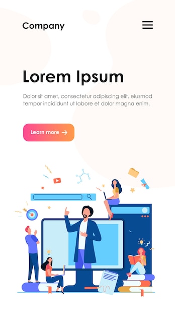 Vetor grátis professor lendo palestra on-line isolada. alunos aprendendo lição via laptop e audição webinar. educação em informática e conceito de tecnologia