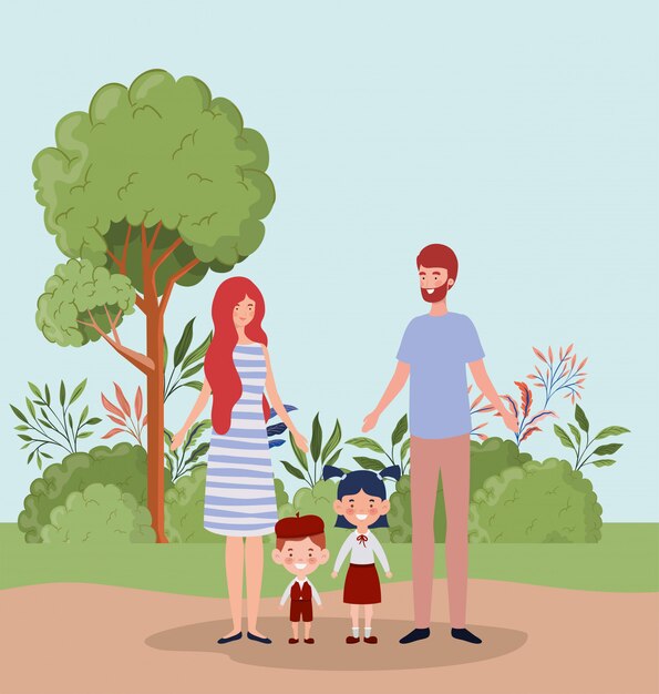 Professor, par, com, pequeno, estudantes, crianças, em, a, paisagem