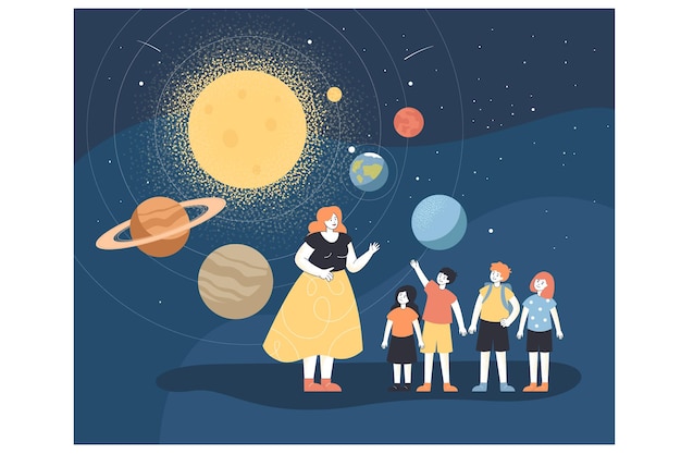 Professora e crianças estudando astronomia no planetário