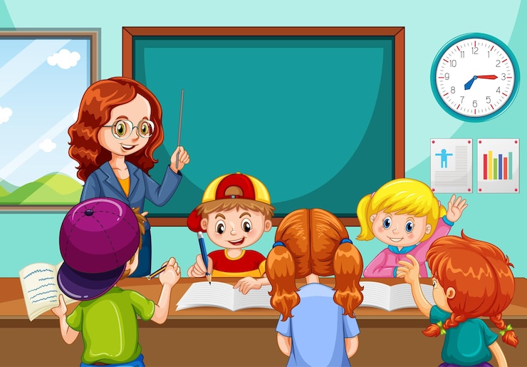 Vetor grátis professora ensinando alunos na cena da sala de aula