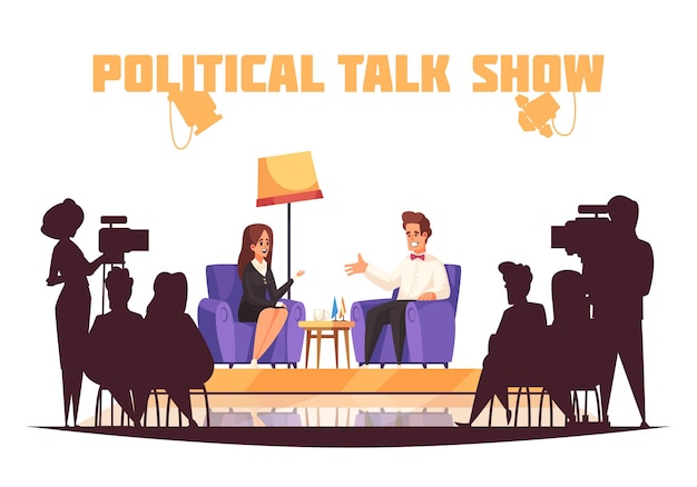 Vetor grátis programa de tv sobre talk show político com jornalista fazendo perguntas a políticos na frente da platéia