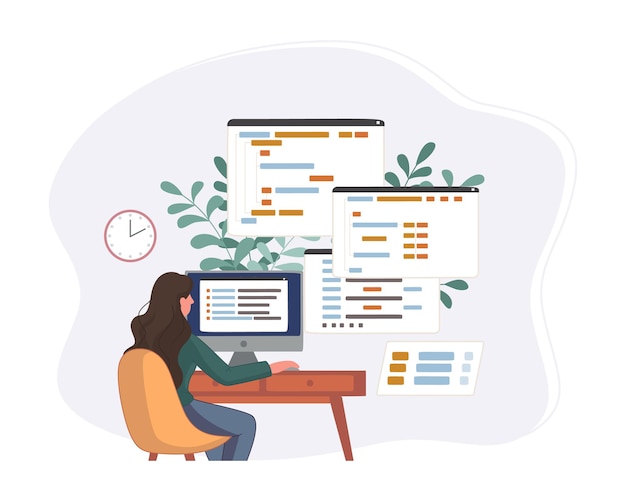 Vetor grátis programador trabalhando em código de desenvolvimento web. engenheiro de programação em python, php e java script no computador.