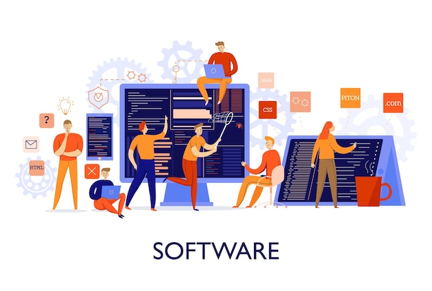 Programadores profissionais configurando ilustração plana colorida de software