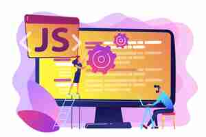 Vetor grátis programadores que usam a linguagem de programação javascript no computador, gente pequena. linguagem javascript, motor javascript, conceito de desenvolvimento web js. ilustração isolada violeta vibrante brilhante