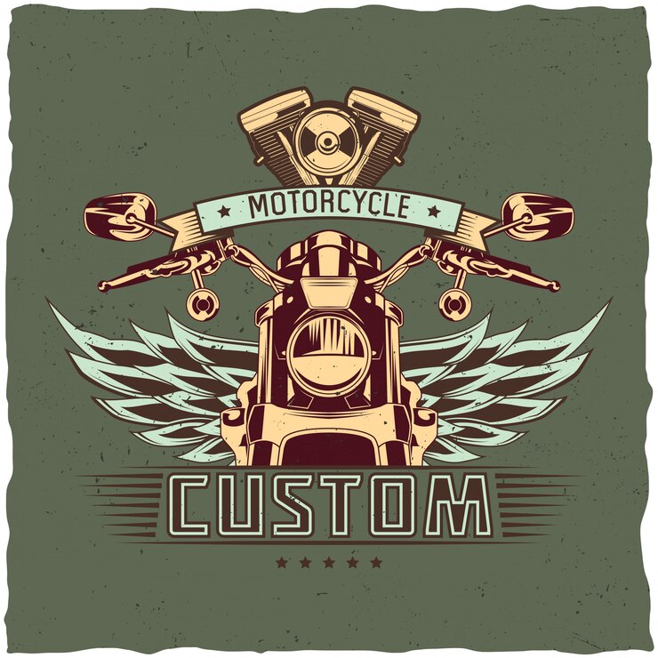 Vetor grátis projeto da etiqueta da camiseta da motocicleta com ilustração da motocicleta clássica
