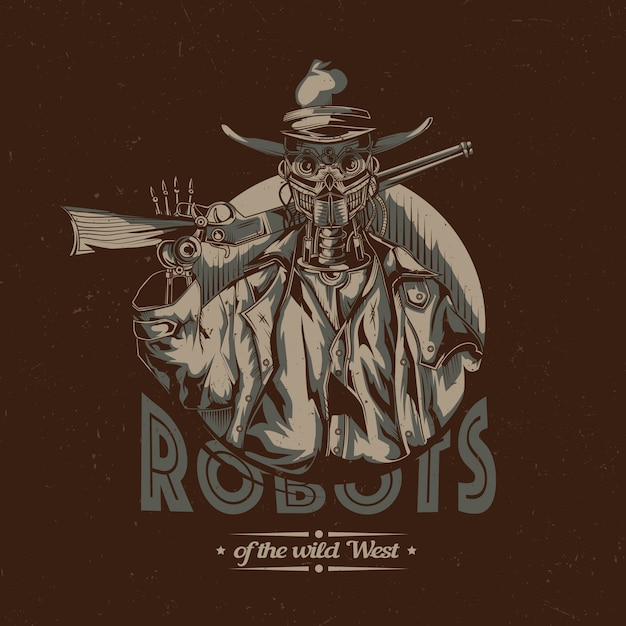 Vetor grátis projeto da etiqueta da camiseta do velho oeste com ilustração do robô cowboy