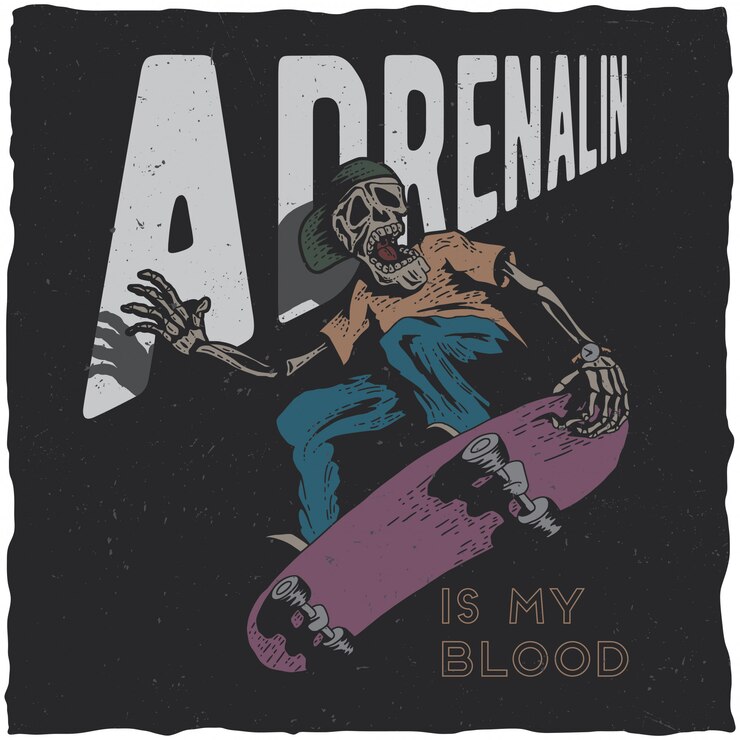 Vetor grátis projeto da etiqueta do t-shirt de skate com ilustração de esqueleto jogando skate.