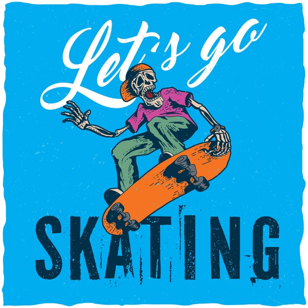 Projeto da etiqueta do t-shirt de skate com ilustração de esqueleto jogando skate.