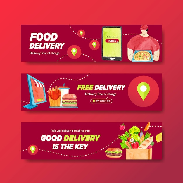 Vetor grátis projeto de banner de entrega com comida, vegetais, transporte e ilustração aquarela logística.