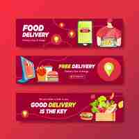 Vetor grátis projeto de banner de entrega com comida, vegetais, transporte e ilustração aquarela logística.