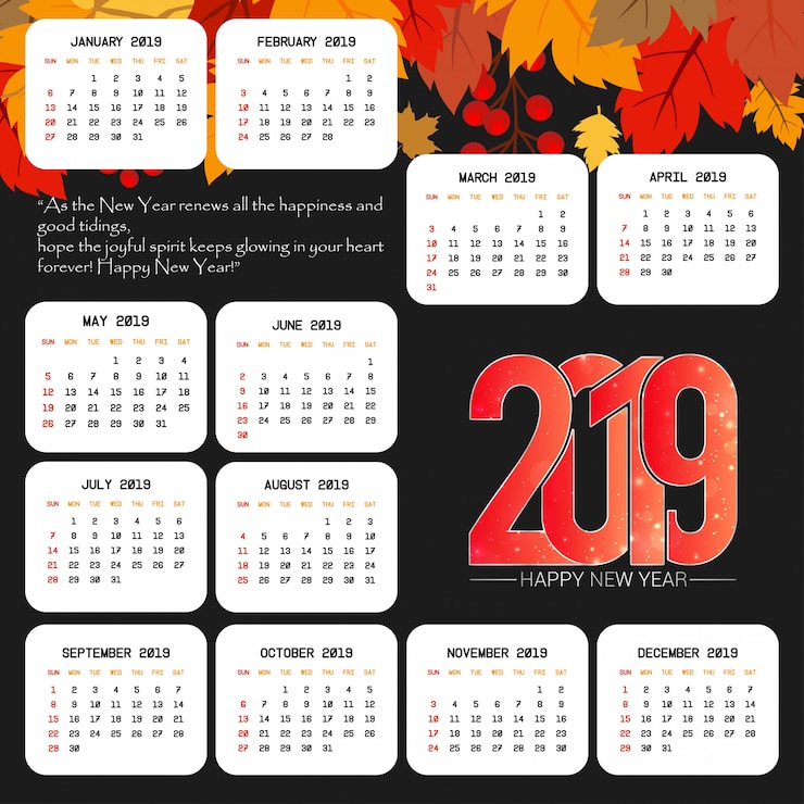 Vetor grátis projeto de calendário 2019 com vetor de fundo preto