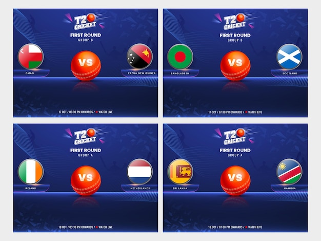 Projeto de cartaz baseado em grupo a vs b da primeira rodada de críquete t20 com o distintivo da bandeira dos países participantes no fundo azul em quatro opções.
