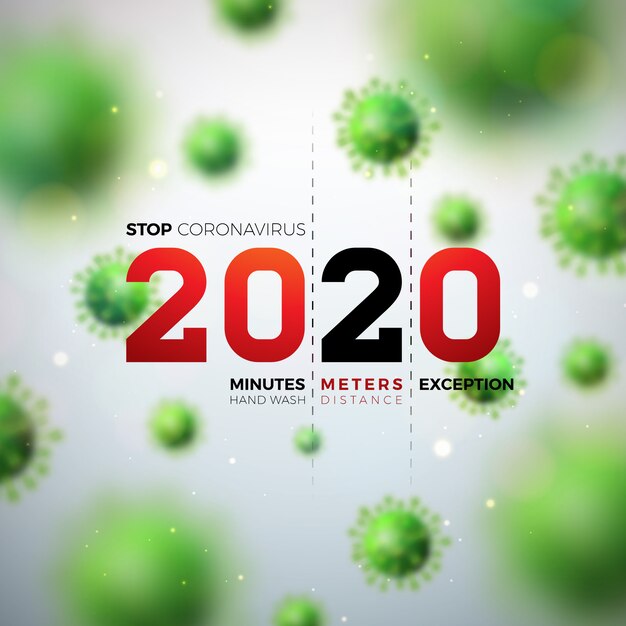 Projeto de Coronavírus de parada 2020 com célula de vírus Covid-19 em queda na luz de fundo. Ilustração em vetor 2019-ncov Corona Virus Outbreak. Fique em casa, fique seguro, lave as mãos e se distancie.