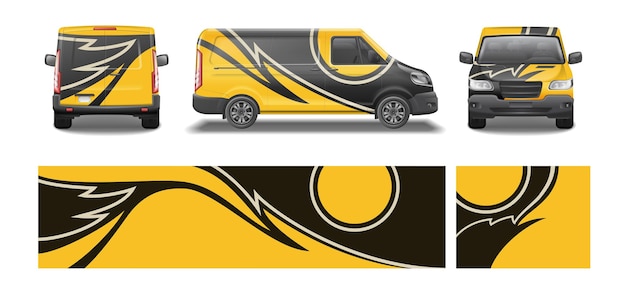 Vetor grátis projeto de envoltório de libré de maquete de van de carro conjunto realista de peças de embrulho isoladas e visualizações de ilustração vetorial de automóvel