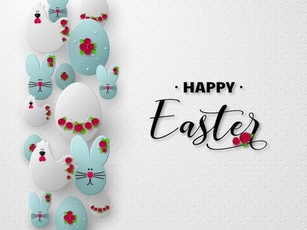 Vetor grátis projeto de férias de páscoa feliz. ovos de corte de papel 3d, coelhos e galinhas decoradas com flores.