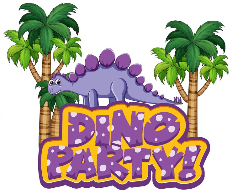 Vetor grátis projeto de fonte para festa de palavra dino com estegossauro na floresta