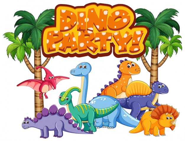 Vetor grátis projeto de fonte para festa de palavra dino com muitos dinossauros