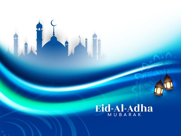 Projeto de fundo estilo onda azul Eid Al Adha Mubarak