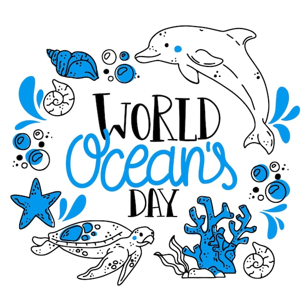 Vetor grátis projeto de ilustração desenhada dia mundial dos oceanos