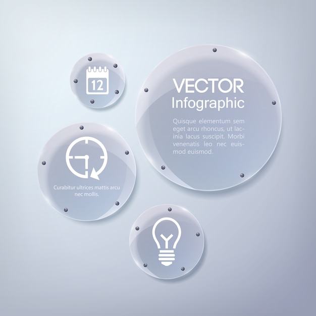 Projeto de infográfico de negócios com ícones e círculos brilhantes de vidro