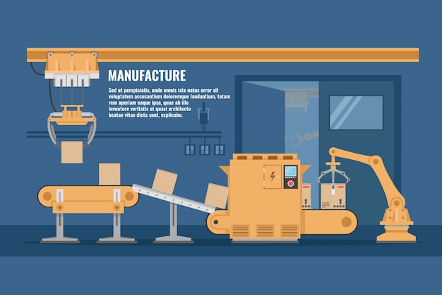 Vetor grátis projeto de linha de montagem automatizada com sistema de transporte de cor amarela em ilustração vetorial de oficina azul